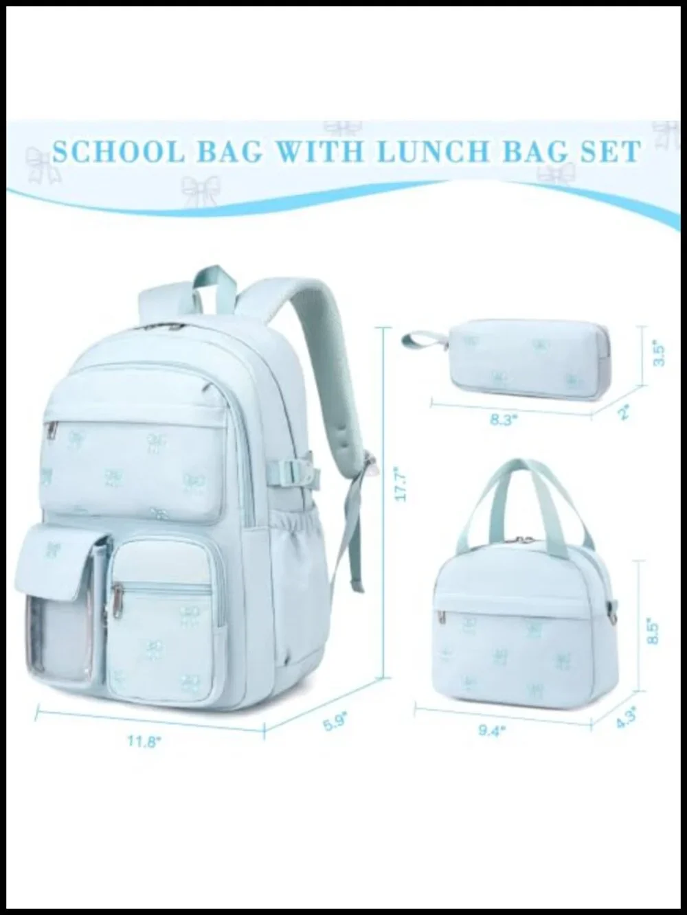Girls School Backpack Set - Embroidered 3 Piece with Lunch Bag & Pencil Case